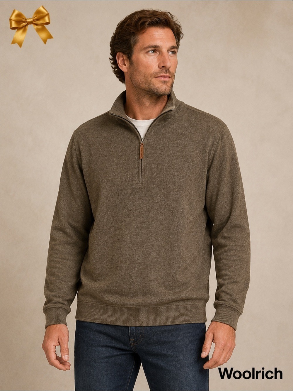Woolrich Men’s Heavyweight 100% Cotton Quarter Zip Sweater Brown Large